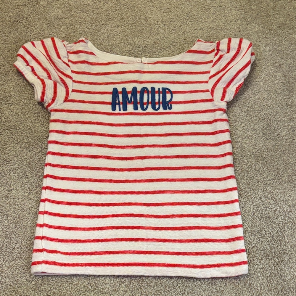 Janie and Jack Embroidered Amour Red and White Striped Tee Capped Sleeves
